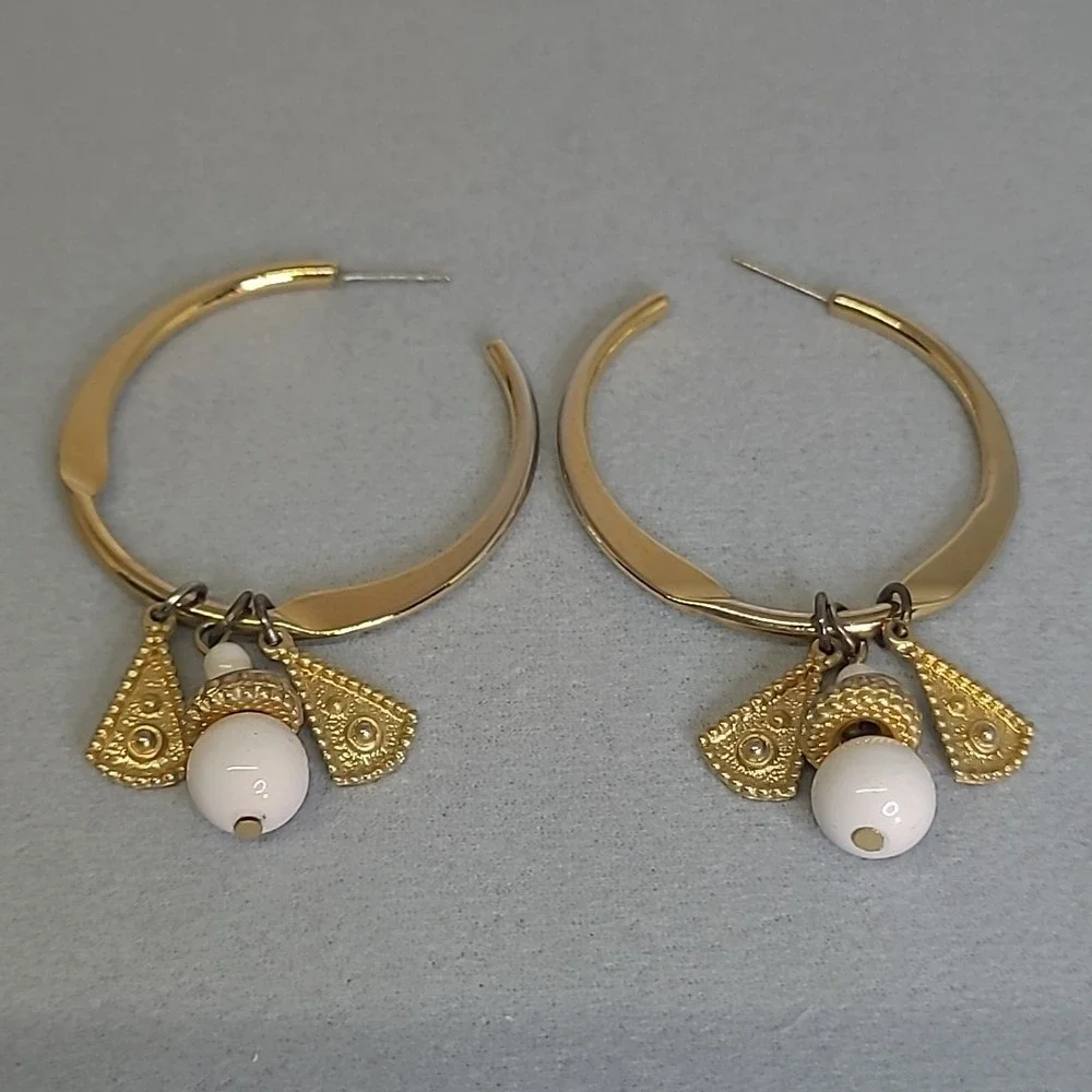 Vintage Hoop Earrings Woman Gold Tone White Bead Dangle Charms Boho Statement